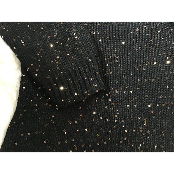 Chaps V Neck Sweater Size M Black 3/4 Sleeve Copper Sequins Cotton Blend NWT - Picture 3 of 7